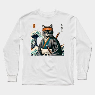 Vaporwave Samurai Cat Great Wave Off Kanagawa Long Sleeve T-Shirt